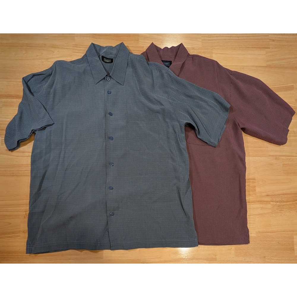 Haggar Mens Short Sleeve Button Down Shirt 2 Pack Blue Burgundy Medium Check